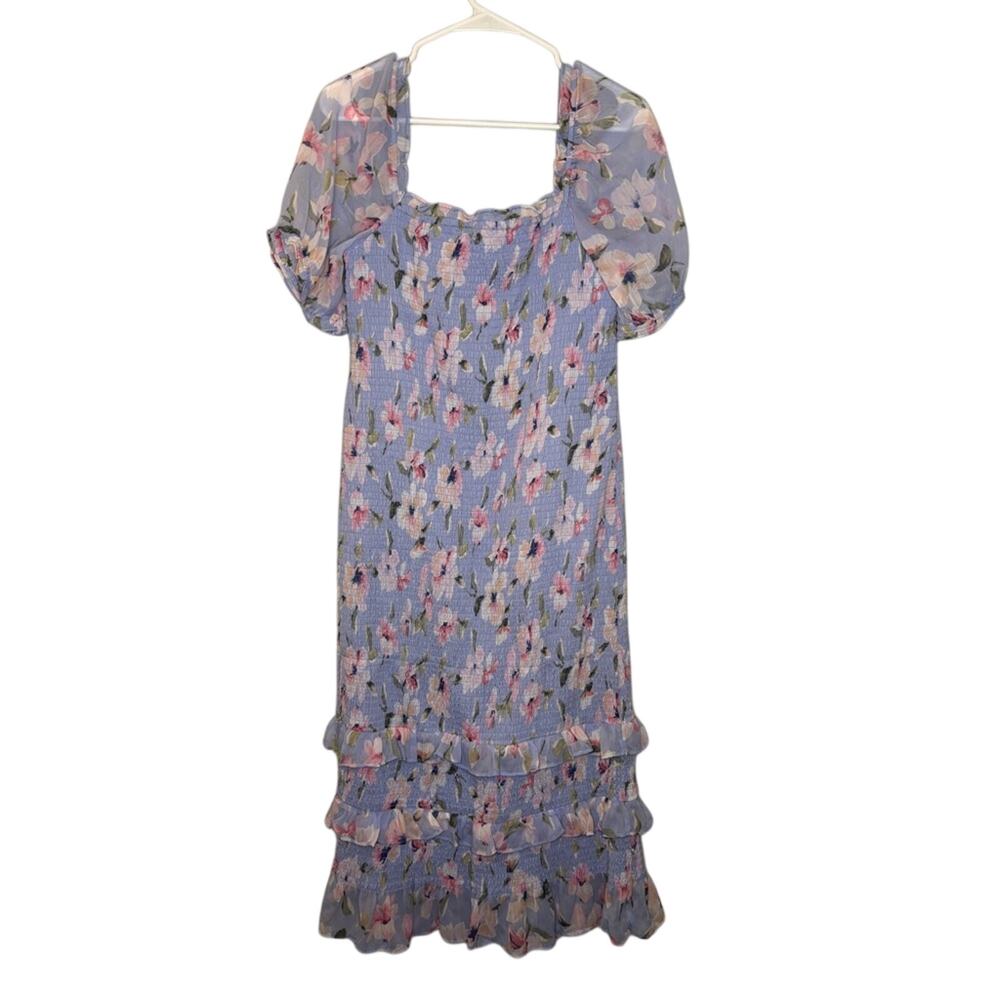Abercrombie & Fitch Soft Blue Floral Smocked Bodycon Midi Dress Puff Sleeve XLT - Picture 4 of 8
